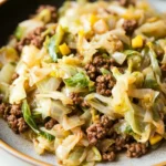 One pan beef cabbage skillet - the image is a close-up of a dish in a black bowl. the dish appears to be a stir-fry with cabbage, ground beef, and other vegetables. the cabbage is cut into thin strips and is mixed with diced yellow and green bell peppers. the ground beef is dark brown and looks crispy on the outside. the vegetables are bright green and look fresh and vibrant. the bowl is sitting on a white countertop.