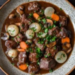 One pot beef bourguignon - the image is a close-up of a bowl of beef stew. the stew is made with chunks of beef, mushrooms, and carrots, all cooked in a rich, dark brown sauce. the beef is cooked to a medium-rare and appears to be tender and juicy. the mushrooms are sliced and arranged in a circular pattern around the beef. the carrots are bright orange and are scattered throughout the stew, adding a pop of color to the dish. there are also small pieces of lemon wedges and parsley scattered throughout. the bowl is sitting on a wooden table, and the background is blurred, making the stew the focal point of the image.