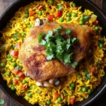 One pot chicken and yellow rice - the image shows a large black bowl filled with a dish of rice and chicken. the rice is yellow and fluffy, and the chicken is cooked to a golden brown color. the dish is garnished with fresh cilantro leaves. there are also small pieces of red and green peas scattered throughout the dish. the bowl is sitting on a wooden table, and there are a few sprigs of parsley scattered around the bowl. the overall color scheme of the dish is warm and inviting.