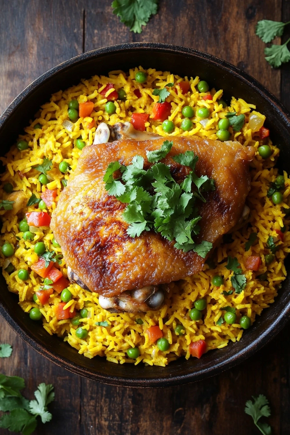 One pot chicken and yellow rice - the image shows a large black bowl filled with a dish of rice and chicken. the rice is yellow and fluffy, and the chicken is cooked to a golden brown color. the dish is garnished with fresh cilantro leaves. there are also small pieces of red and green peas scattered throughout the dish. the bowl is sitting on a wooden table, and there are a few sprigs of parsley scattered around the bowl. the overall color scheme of the dish is warm and inviting.