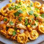 One pot chicken enchilada tortellini - the image is a close-up of a plate of pasta dish. the pasta appears to be fusilli, which is a type of spiral-shaped pasta, and is covered in a creamy orange sauce. the sauce is drizzled over the top of the pasta, with chunks of chicken and corn visible. there are also chunks of red onion and cilantro scattered throughout the dish, adding a pop of green color. the plate is blue with a speckled pattern, and there are a few sprigs of cilantro on the side. the background is a white tablecloth, and the overall color scheme of the dish is warm and inviting.