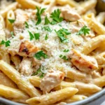 One pot creamy garlic chicken pasta - the image is a close-up of a bowl of penne pasta. the pasta is cooked al dente and is topped with chunks of chicken and grated parmesan cheese. the dish is garnished with fresh parsley. the bowl is made of ceramic and is sitting on a wooden table. the background is blurred, but it appears to be a kitchen countertop.