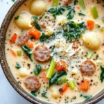 One pot creamy italian sausage soup - the image is a close-up of a bowl of soup. the soup appears to be a creamy yellow color with chunks of sausage, carrots, celery, and other vegetables mixed in. the bowl is made of ceramic and has a brown rim. there are also some crumbled parmesan cheese scattered throughout the soup, adding a crunchy texture. the background is a white marble countertop with a few sprigs of fresh basil scattered around.