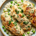 One pot creamy parmesan chicken and rice - the image shows a plate of food with two pieces of chicken breasts covered in a creamy sauce. the chicken breasts are golden brown and appear to be seasoned with herbs and spices. the sauce is a light yellow color and is drizzled over the top of the chicken breasts. the dish is served on a bed of white rice with small green peas scattered throughout. the plate is garnished with a sprig of fresh parsley. the background is a white tablecloth with a few sprigs of parsley scattered around.
