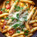 One pot paprika pasta - the image is a close-up of a bowl of pasta dish. the pasta appears to be penne, which is a type of penne pasta, and is cooked in a tomato-based sauce with chunks of corn, tomatoes, and other vegetables. the dish is garnished with a sprinkle of parmesan cheese and fresh parsley. the bowl is made of dark brown ceramic and is sitting on a wooden table. the background is blurred, making the pasta the focal point of the image.
