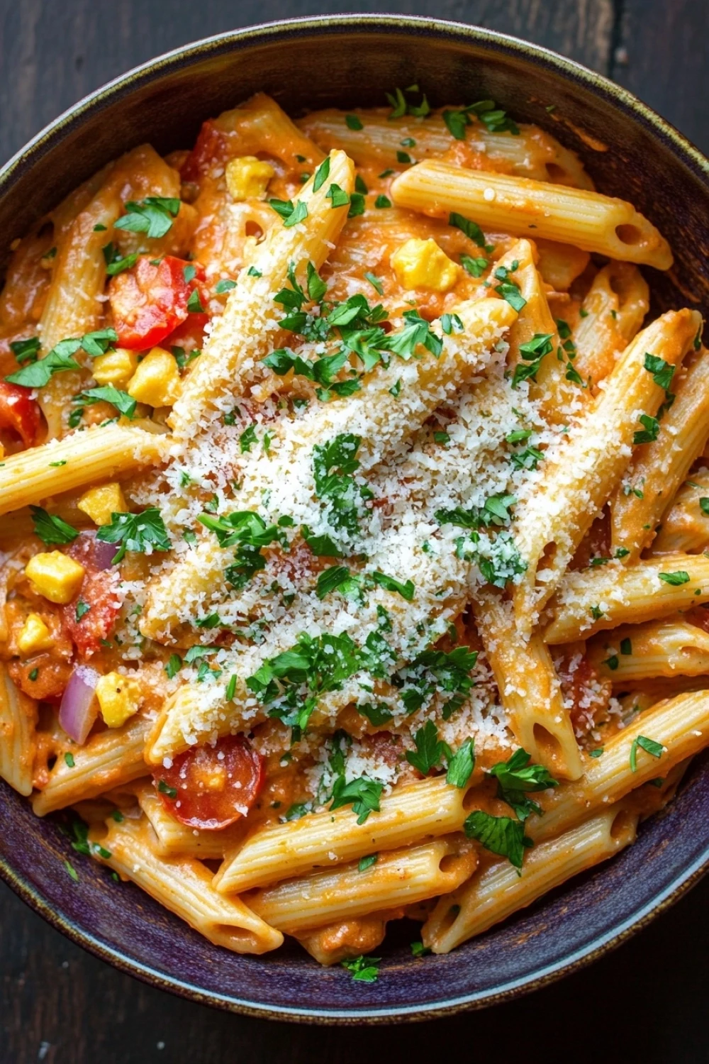 One pot paprika pasta - the image is a close-up of a bowl of pasta dish. the pasta appears to be penne, which is a type of penne pasta, and is cooked in a tomato-based sauce with chunks of corn, tomatoes, and other vegetables. the dish is garnished with a sprinkle of parmesan cheese and fresh parsley. the bowl is made of dark brown ceramic and is sitting on a wooden table. the background is blurred, making the pasta the focal point of the image.