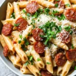 One pot pasta and chorizo - the image is a close-up of a bowl of pasta dish. the pasta appears to be penne, which is a type of penne pasta, and it is cooked al dente. the dish is garnished with chopped parsley and grated parmesan cheese. there are also several slices of pepperoni scattered throughout the dish, adding a pop of color and texture. the bowl is white and is sitting on a wooden table.
