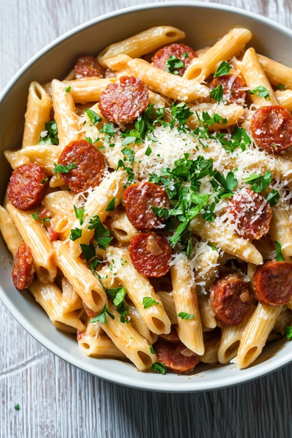 One pot pasta and chorizo - the image is a close-up of a bowl of pasta dish. the pasta appears to be penne, which is a type of penne pasta, and it is cooked al dente. the dish is garnished with chopped parsley and grated parmesan cheese. there are also several slices of pepperoni scattered throughout the dish, adding a pop of color and texture. the bowl is white and is sitting on a wooden table.