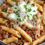 One pot pasta bake - the image shows a bowl of penne pasta dish. the pasta is cooked al dente and is topped with a generous amount of ground beef, tomato sauce, and grated parmesan cheese. the dish is garnished with fresh parsley. the bowl is sitting on a white wooden table with a gray napkin on the side. the background is blurred, but it appears to be a kitchen countertop.