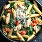 One pot pasta epinard poulet - the image is a close-up of a bowl of pasta dish. the pasta appears to be penne, and it is cooked al dente. the dish is garnished with fresh spinach leaves, diced tomatoes, and chunks of chicken. the chicken is cooked to a golden brown color and is sprinkled with grated parmesan cheese. the bowl is black and is sitting on a dark grey textured surface. there are a few sprigs of fresh basil scattered around the bowl.