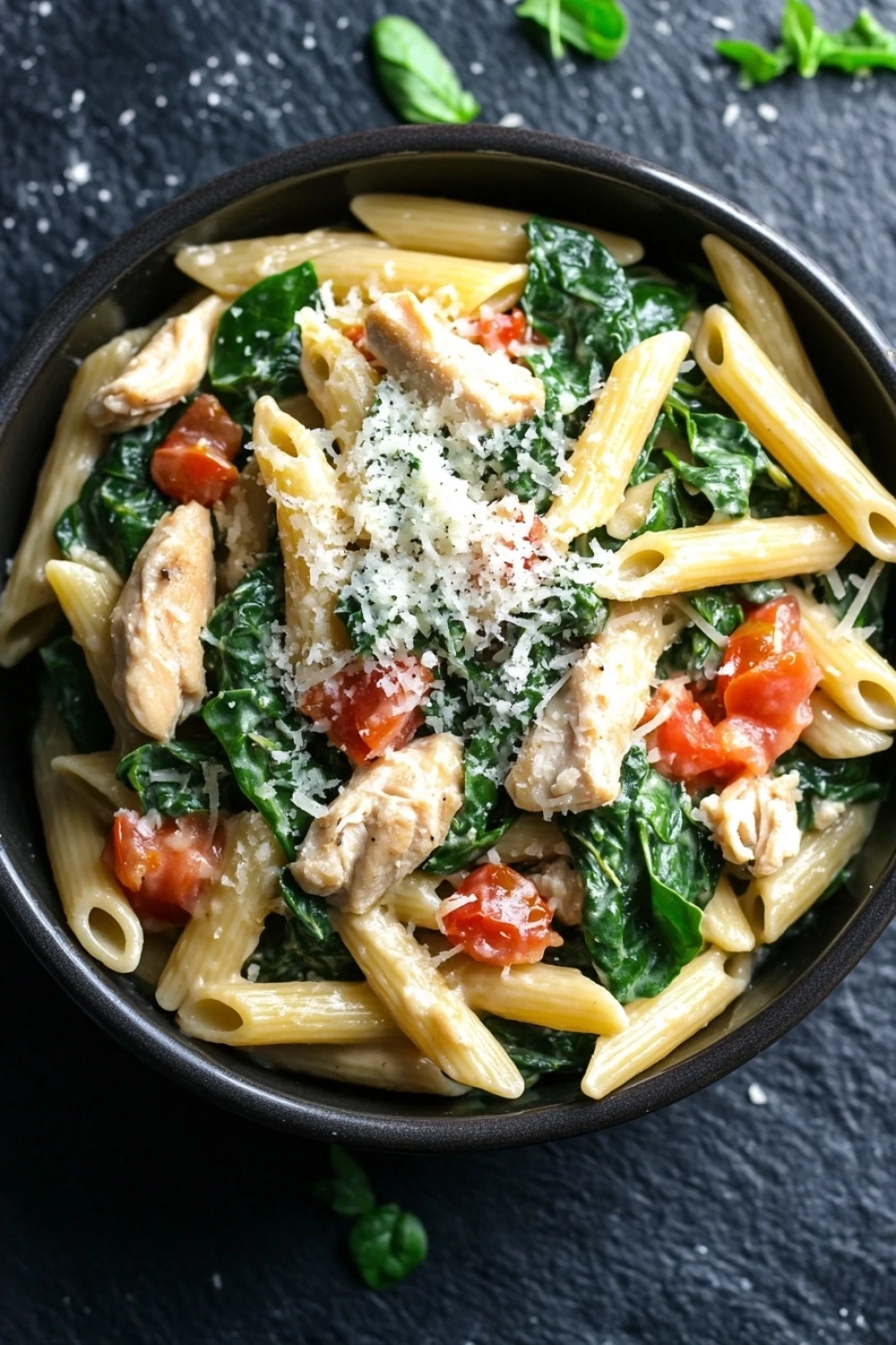 One pot pasta epinard poulet - the image is a close-up of a bowl of pasta dish. the pasta appears to be penne, and it is cooked al dente. the dish is garnished with fresh spinach leaves, diced tomatoes, and chunks of chicken. the chicken is cooked to a golden brown color and is sprinkled with grated parmesan cheese. the bowl is black and is sitting on a dark grey textured surface. there are a few sprigs of fresh basil scattered around the bowl.