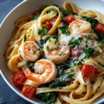 One pot pasta with shrimp - the image is a close-up of a bowl of pasta dish. the pasta appears to be fettuccine alfredo, which is a type of italian pasta. it is cooked al dente and is topped with chunks of shrimp, cherry tomatoes, and spinach. the dish is garnished with chopped parsley and grated parmesan cheese. the bowl is white and is sitting on a dark grey countertop. there are a few sprigs of parsley scattered around the bowl.