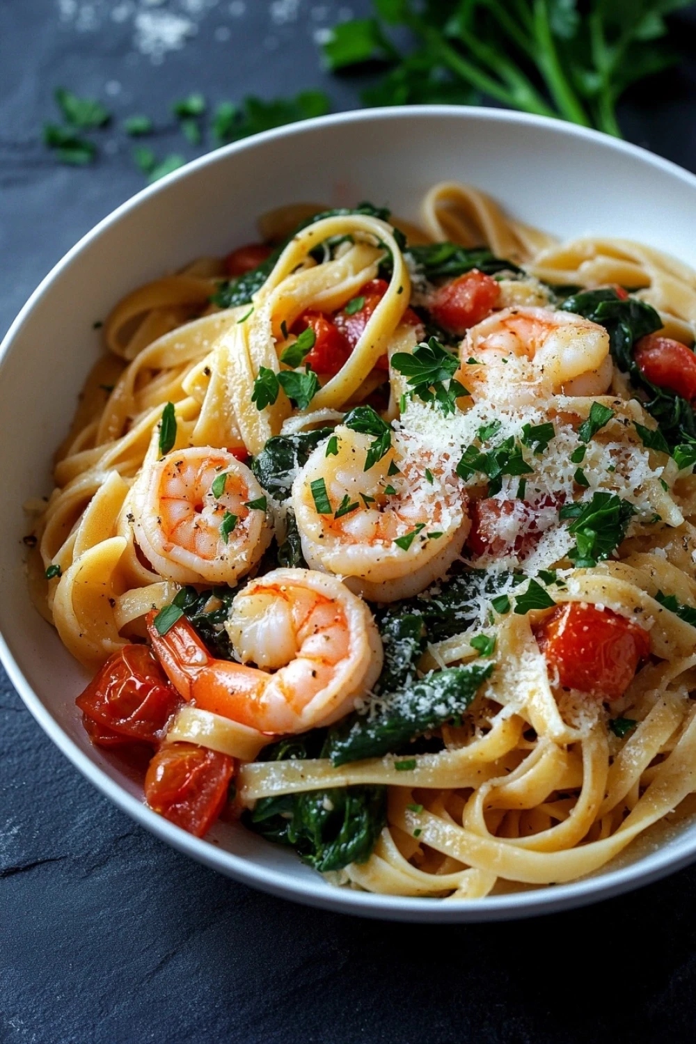 One pot pasta with shrimp - the image is a close-up of a bowl of pasta dish. the pasta appears to be fettuccine alfredo, which is a type of italian pasta. it is cooked al dente and is topped with chunks of shrimp, cherry tomatoes, and spinach. the dish is garnished with chopped parsley and grated parmesan cheese. the bowl is white and is sitting on a dark grey countertop. there are a few sprigs of parsley scattered around the bowl.