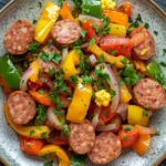 One pot sausage and peppers - the image is a close-up of a plate of food. the plate is round and has a light blue and white speckled pattern. the food appears to be a stir-fry dish with sausage, bell peppers, onions, and corn kernels. the sausage is cut into small cubes and is arranged in a circular pattern on top of the bell peppers. the bell peppers are bright red and yellow, while the onions are yellow and red. the corn kernels are scattered throughout the dish, adding a pop of color and texture. there are also some chopped parsley scattered throughout, adding fresh green herbs. the dish is garnished with a sprig of parsley.