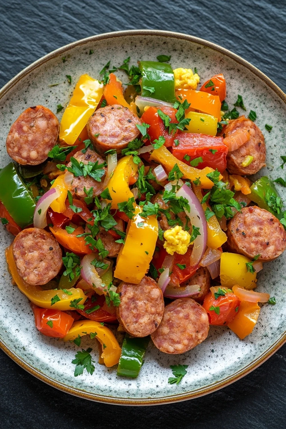 One pot sausage and peppers - the image is a close-up of a plate of food. the plate is round and has a light blue and white speckled pattern. the food appears to be a stir-fry dish with sausage, bell peppers, onions, and corn kernels. the sausage is cut into small cubes and is arranged in a circular pattern on top of the bell peppers. the bell peppers are bright red and yellow, while the onions are yellow and red. the corn kernels are scattered throughout the dish, adding a pop of color and texture. there are also some chopped parsley scattered throughout, adding fresh green herbs. the dish is garnished with a sprig of parsley.