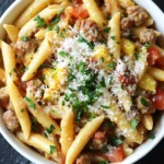One pot sausage penne - the image is a close-up of a bowl of pasta dish. the pasta appears to be penne, which is a type of penne pasta, and it is cooked in a tomato-based sauce with chunks of meat and vegetables mixed in. the dish is garnished with chopped parsley and grated parmesan cheese. the bowl is white and is sitting on a black countertop. there are a few sprigs of parsley scattered around the bowl, adding a pop of green color to the dish.