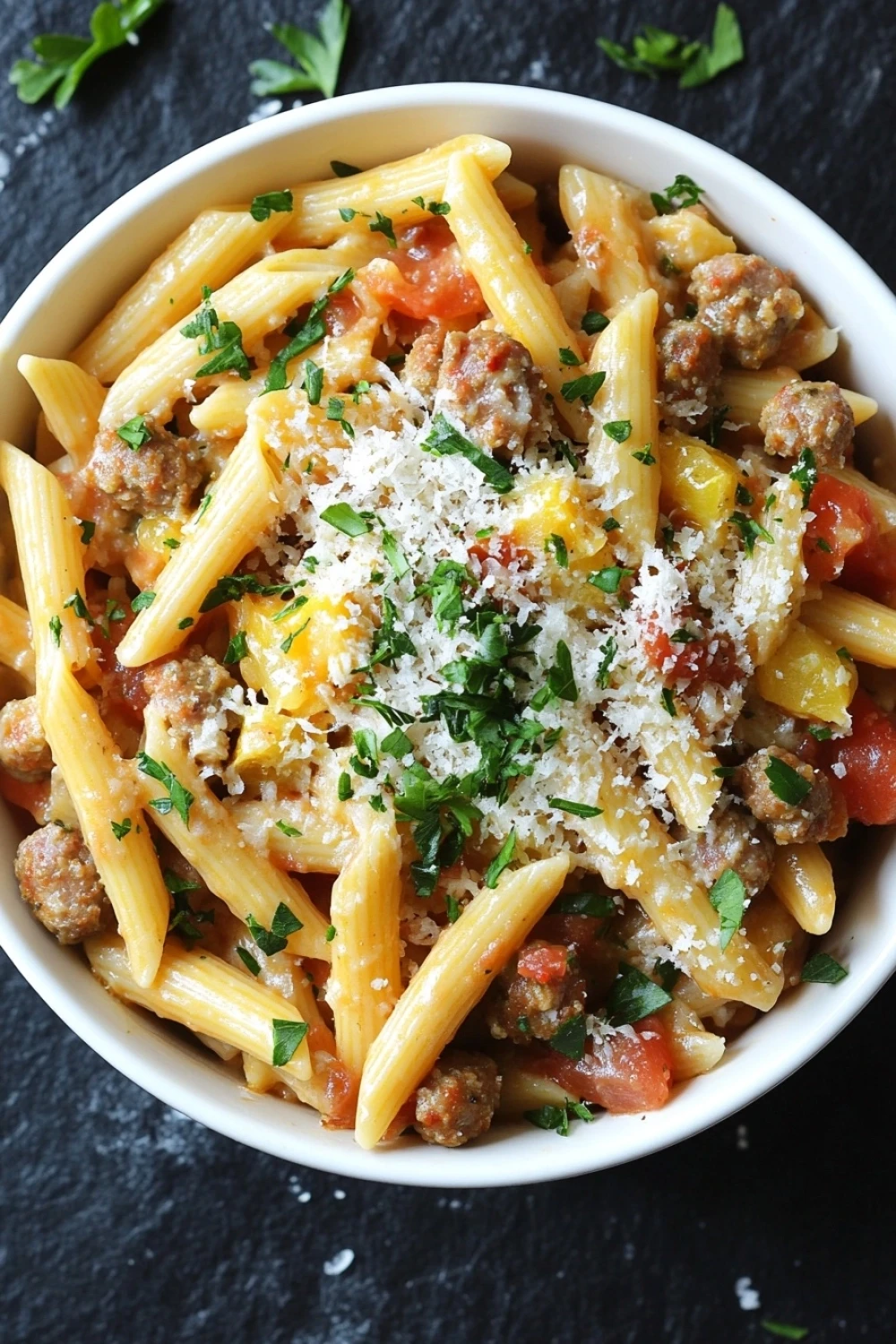 One pot sausage penne - the image is a close-up of a bowl of pasta dish. the pasta appears to be penne, which is a type of penne pasta, and it is cooked in a tomato-based sauce with chunks of meat and vegetables mixed in. the dish is garnished with chopped parsley and grated parmesan cheese. the bowl is white and is sitting on a black countertop. there are a few sprigs of parsley scattered around the bowl, adding a pop of green color to the dish.