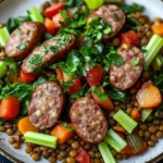 One pot tuscan sausage and lentils - the image is a close-up of a plate of food. the plate is white with a brown rim and is placed on a black countertop. the food appears to be a stir-fry with lentils, sausage, carrots, celery, and other vegetables. the sausage is cut into small cubes and is arranged in a circular pattern on top of the lentils. the vegetables are mixed in with the sausage and the vegetables, creating a colorful and appetizing dish. the dish is garnished with fresh herbs, adding a pop of green color to the plate.