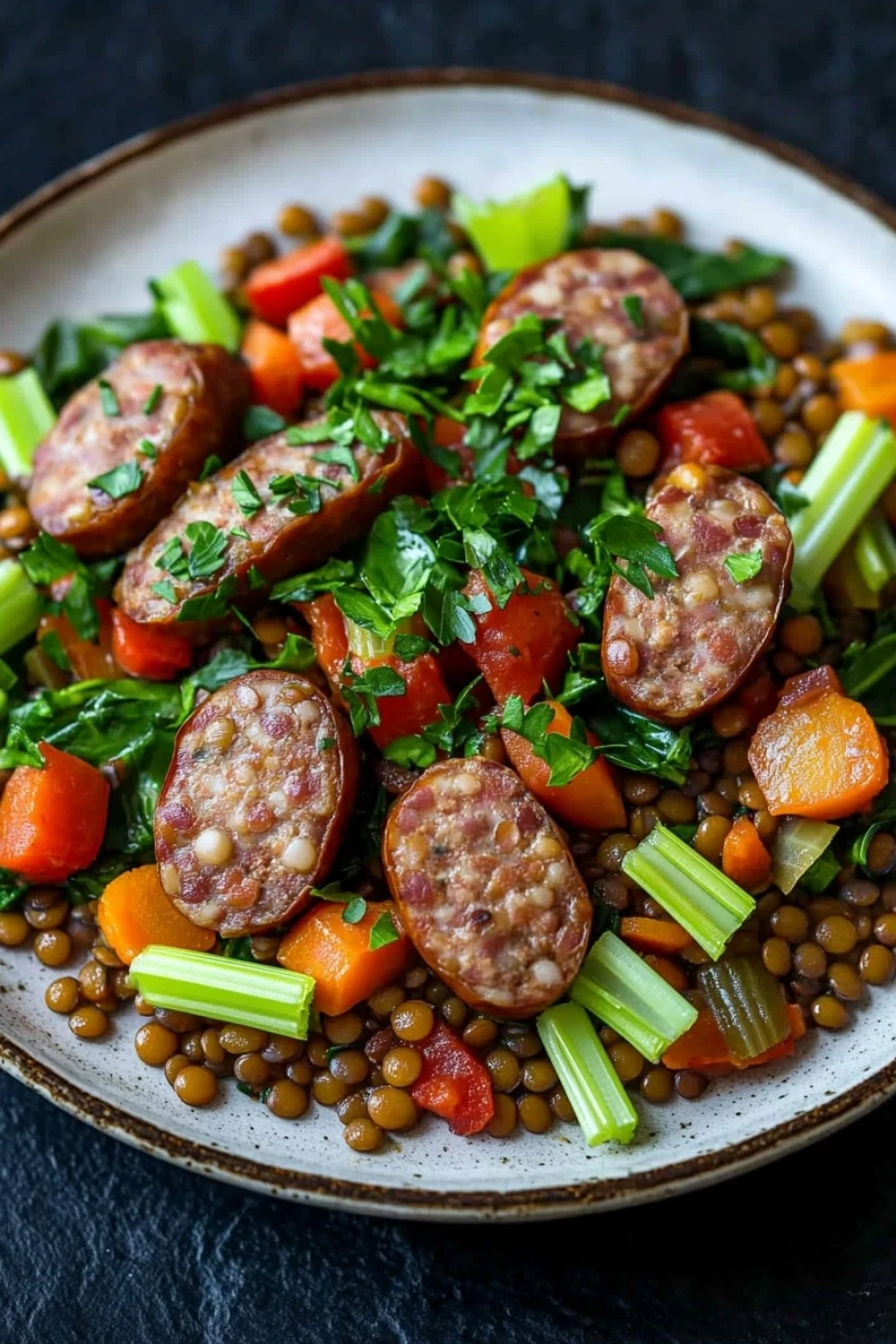 One pot tuscan sausage and lentils - the image is a close-up of a plate of food. the plate is white with a brown rim and is placed on a black countertop. the food appears to be a stir-fry with lentils, sausage, carrots, celery, and other vegetables. the sausage is cut into small cubes and is arranged in a circular pattern on top of the lentils. the vegetables are mixed in with the sausage and the vegetables, creating a colorful and appetizing dish. the dish is garnished with fresh herbs, adding a pop of green color to the plate.