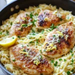 One skillet lemon butter chicken and orzo - the image shows a black cast iron skillet with four pieces of grilled chicken on top of a bed of yellow pasta. the chicken appears to be seasoned with herbs and spices, and there are two lemon wedges on either side of the skillet. the skillet is sitting on a wooden cutting board with a white cloth napkin underneath. in the background, there is a small jar of creamy sauce and a few sprigs of parsley. the overall color scheme of the image is warm and inviting.