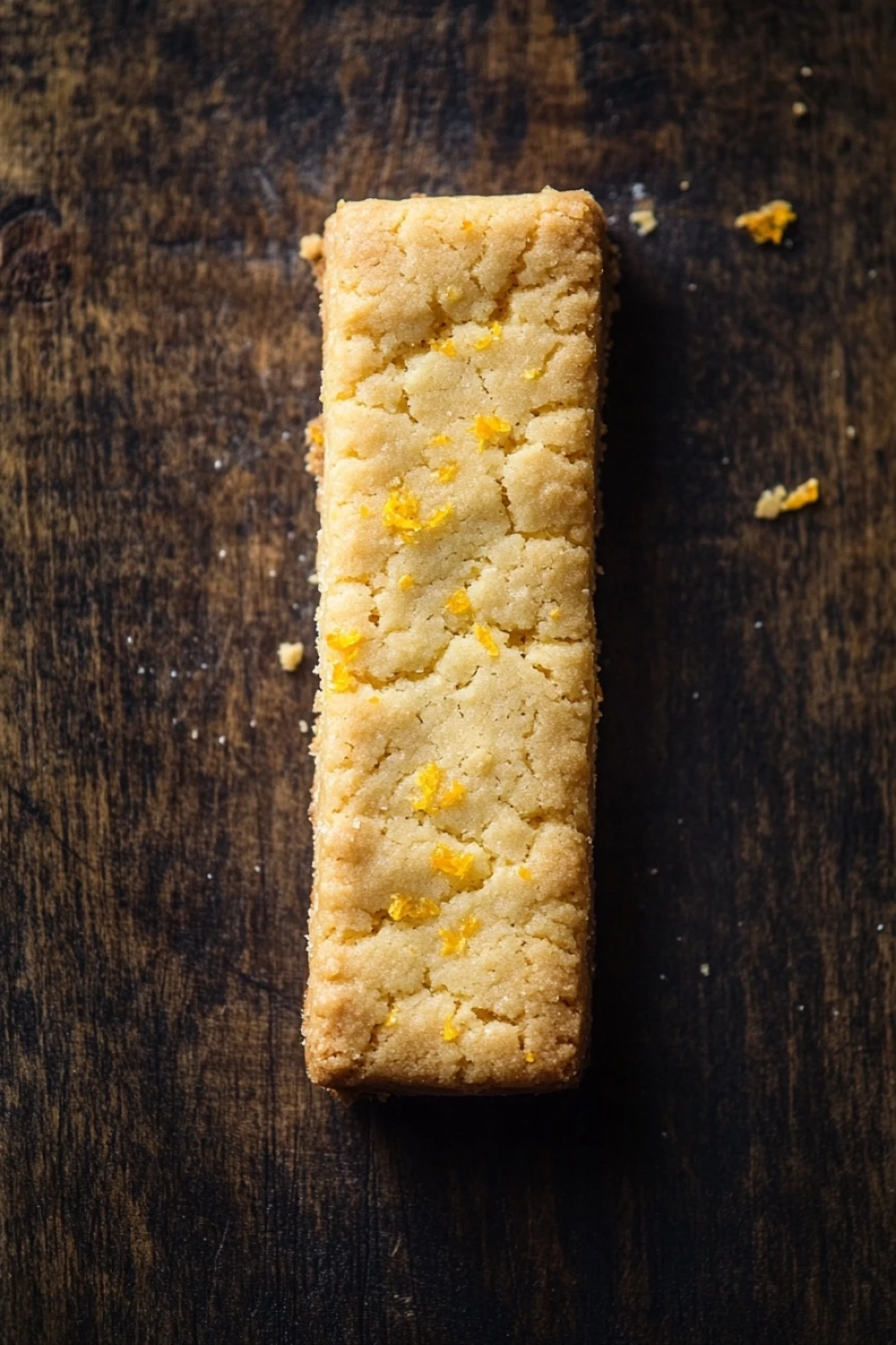 Orange shortbread cookie sticks gluten free - the image is a close-up of a rectangular piece of bread on a dark wooden surface. the bread appears to be freshly baked and has a golden-brown color. the edges of the bread are slightly crumbly and there are small pieces of orange zest scattered around the edges. the background is blurred, making the bread the focal point of the image.