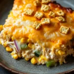 Ovenbaked cheesy corn and chicken casserole - the image shows a close-up of a dish on a gray plate. the dish appears to be a casserole or dip, with a layer of melted cheese on top. the cheese is orange and yellow in color, and it is spread evenly over the top of the dish. there are small croutons scattered on top, which are golden brown and appear to be crispy on the outside. on top, there are chunks of chicken, corn, and green bell peppers. the plate is sitting on a dark grey countertop.