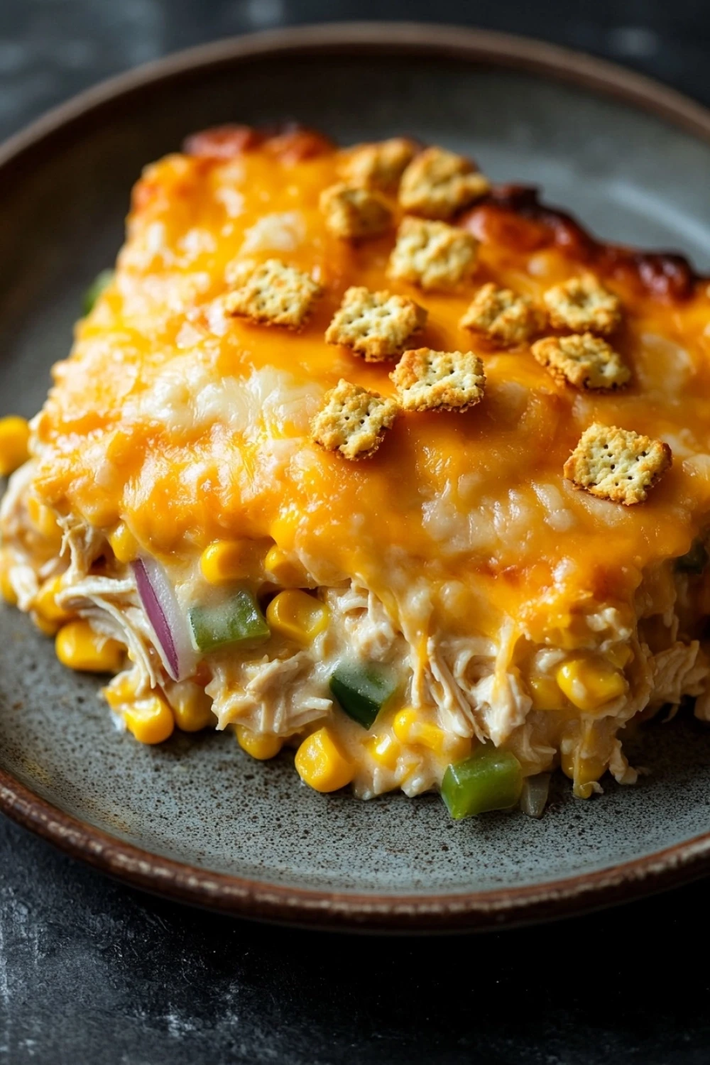 Ovenbaked cheesy corn and chicken casserole - the image shows a close-up of a dish on a gray plate. the dish appears to be a casserole or dip, with a layer of melted cheese on top. the cheese is orange and yellow in color, and it is spread evenly over the top of the dish. there are small croutons scattered on top, which are golden brown and appear to be crispy on the outside. on top, there are chunks of chicken, corn, and green bell peppers. the plate is sitting on a dark grey countertop.