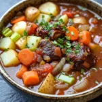 Oxtail stew slow cooker - the image is a close-up of a bowl of beef stew. the stew is made with chunks of beef, carrots, potatoes, and onions, and is garnished with chopped parsley. the bowl is made of ceramic and has a dark brown color. the background is a dark grey countertop. the overall appearance of the stew is hearty and hearty.