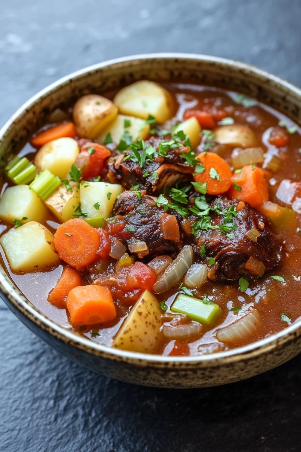 Oxtail stew slow cooker - the image is a close-up of a bowl of beef stew. the stew is made with chunks of beef, carrots, potatoes, and onions, and is garnished with chopped parsley. the bowl is made of ceramic and has a dark brown color. the background is a dark grey countertop. the overall appearance of the stew is hearty and hearty.