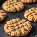 Peanut butter cookie for dogs - the image shows a baking tray with freshly baked cookies on it. the cookies are round and golden brown in color, with a criss-cross pattern on top. they are arranged in a single layer on the tray, with some overlapping each other. the tray is lined with parchment paper, and there are a few crumbs scattered around the cookies. the background is dark, making the cookies stand out.
