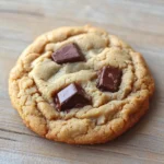 Peanut butter cookie with chocolate - the image is a close-up of a chocolate chip cookie on a wooden surface. the cookie is round and golden brown in color, with a criss-cross pattern on top. it appears to be freshly baked and has a soft, chewy texture. on top of the cookie, there are three small chunks of dark chocolate arranged in a circular pattern. the chocolate chips are evenly distributed throughout the cookie. the background is blurred, making the cookie the focal point of the image.