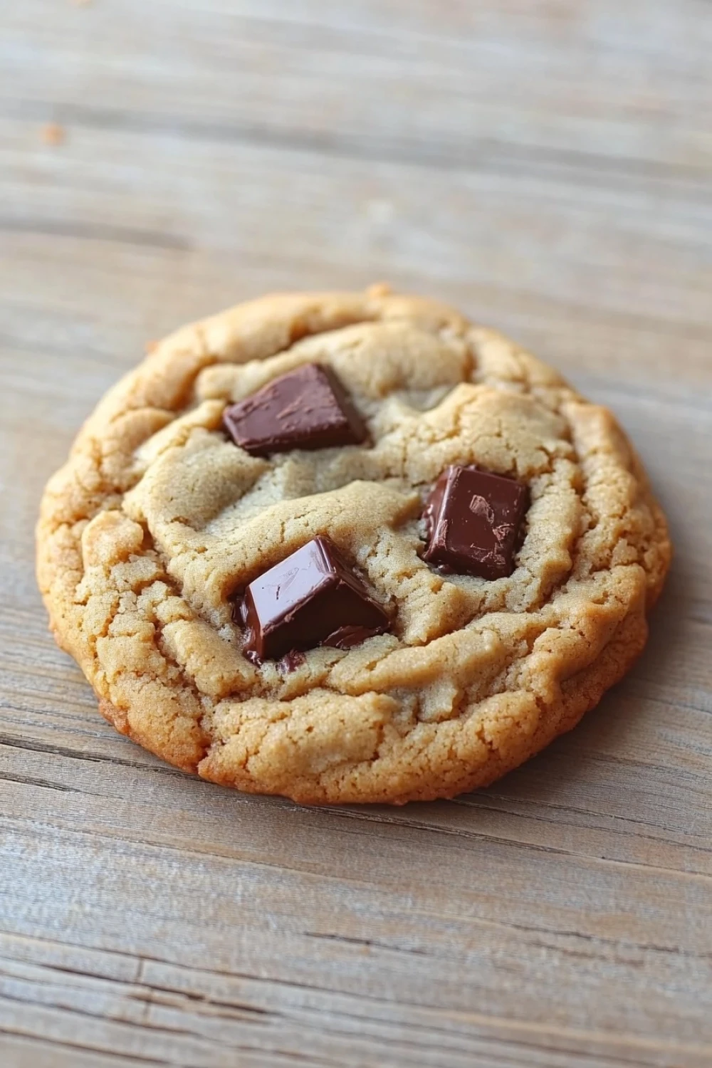 Peanut butter cookie with chocolate - the image is a close-up of a chocolate chip cookie on a wooden surface. the cookie is round and golden brown in color, with a criss-cross pattern on top. it appears to be freshly baked and has a soft, chewy texture. on top of the cookie, there are three small chunks of dark chocolate arranged in a circular pattern. the chocolate chips are evenly distributed throughout the cookie. the background is blurred, making the cookie the focal point of the image.