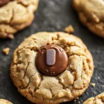 Peanut butter cookie with hersheys kiss - the image shows a group of freshly baked cookies on a black slate surface. the cookies are round and golden brown in color, with a crumbly texture. in the center of the image, there is a chocolate-covered cookie with a small white chocolate chip in the shape of a letter "o" on top. surrounding the cookie, there are more cookies scattered around. the background is blurred, but it appears to be a kitchen countertop.