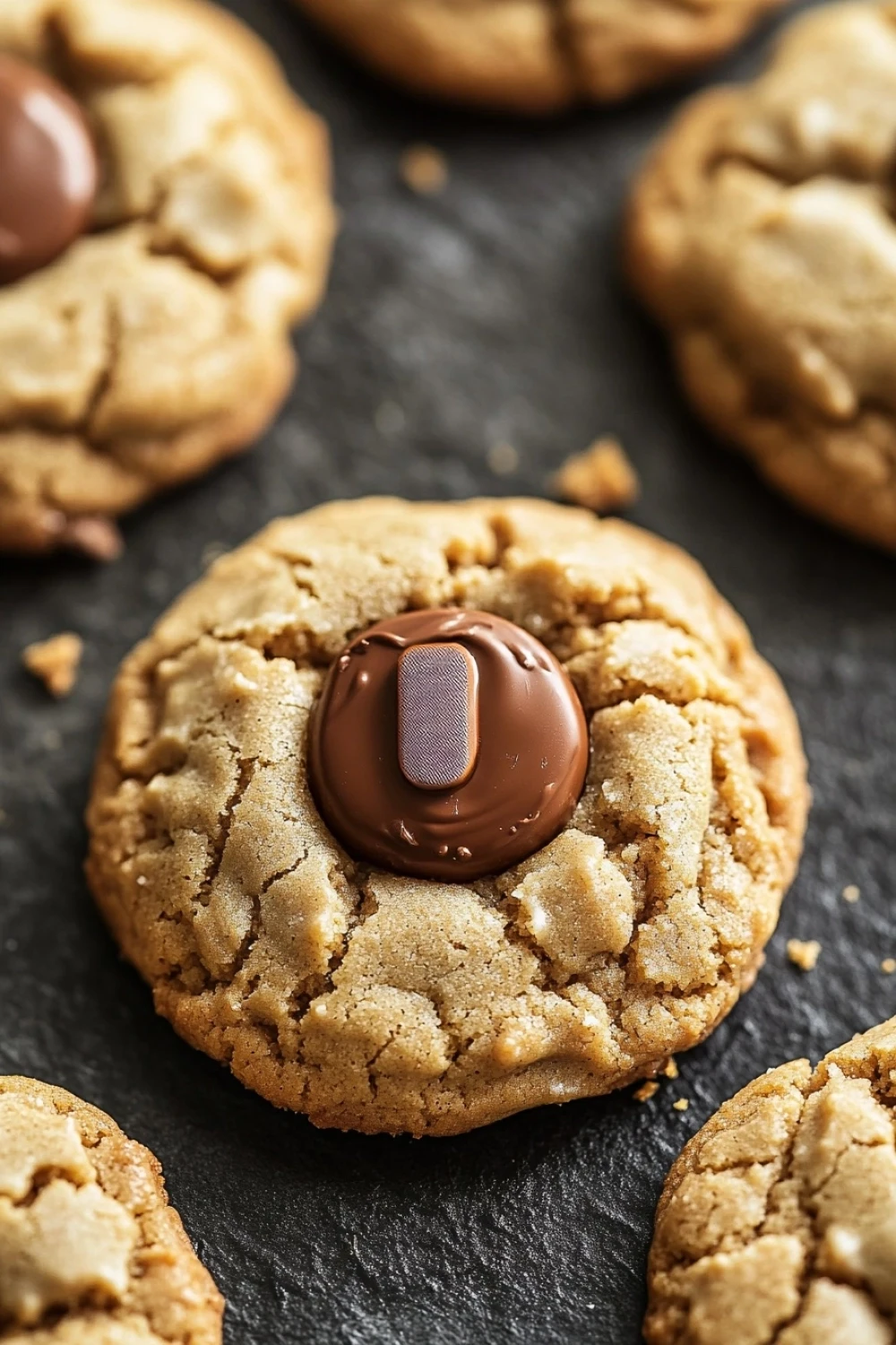 Peanut butter cookie with hersheys kiss - the image shows a group of freshly baked cookies on a black slate surface. the cookies are round and golden brown in color, with a crumbly texture. in the center of the image, there is a chocolate-covered cookie with a small white chocolate chip in the shape of a letter "o" on top. surrounding the cookie, there are more cookies scattered around. the background is blurred, but it appears to be a kitchen countertop.
