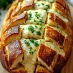 Pull apart garlic bread no yeast - the image shows a freshly baked bread loaf on a wooden cutting board. the bread is golden brown in color and has a criss-cross pattern on the sides. it is topped with melted cheese and fresh herbs, giving it a creamy texture. there is a small bowl of butter on the right side of the cutting board, and a sprig of parsley on the left side. the background is blurred, but it appears to be a kitchen countertop.