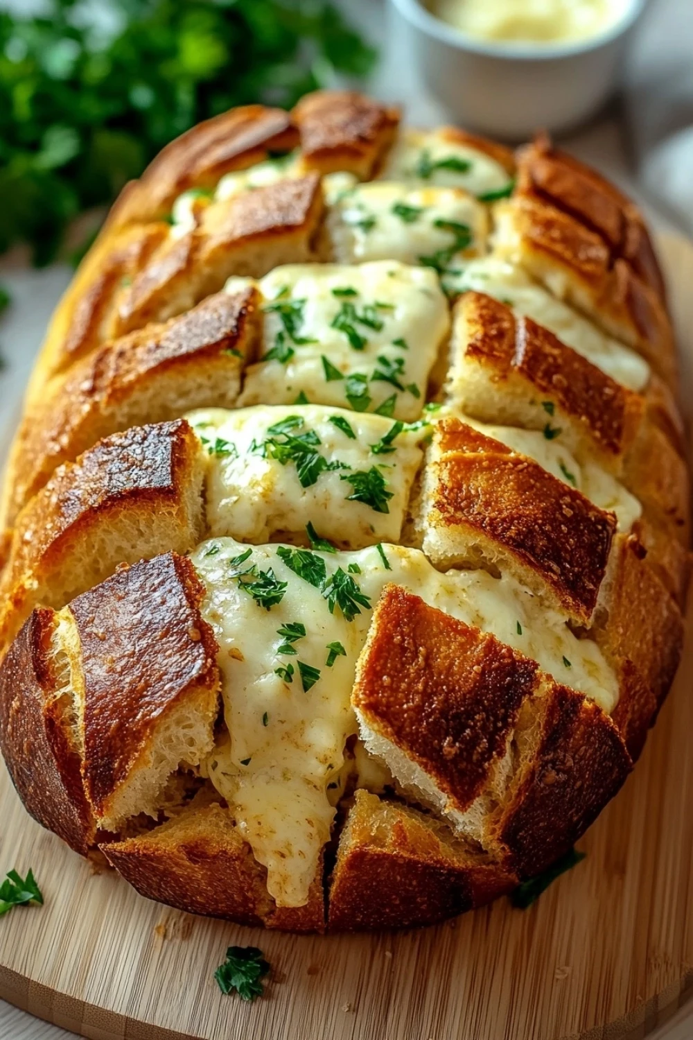 Pull apart garlic bread no yeast - the image shows a freshly baked bread loaf on a wooden cutting board. the bread is golden brown in color and has a criss-cross pattern on the sides. it is topped with melted cheese and fresh herbs, giving it a creamy texture. there is a small bowl of butter on the right side of the cutting board, and a sprig of parsley on the left side. the background is blurred, but it appears to be a kitchen countertop.