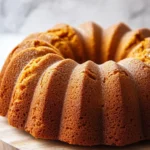 Pumpkin bread bundt cake - the image shows a bundt cake on a wooden cutting board. the cake is golden brown in color and has a crumbly texture. it appears to be freshly baked and is arranged in a circular pattern on the cutting board, with the top half of the cake slightly overlapping the bottom half. the background is a white marble countertop.
