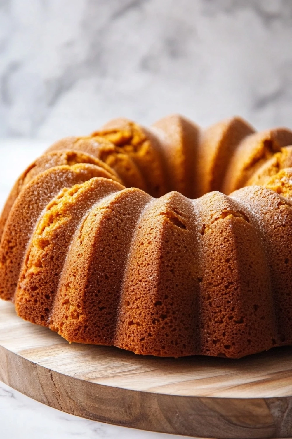 Pumpkin bread bundt cake - the image shows a bundt cake on a wooden cutting board. the cake is golden brown in color and has a crumbly texture. it appears to be freshly baked and is arranged in a circular pattern on the cutting board, with the top half of the cake slightly overlapping the bottom half. the background is a white marble countertop.