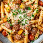 Sausage pasta skillet - the image is a close-up of a bowl of penne pasta dish. the pasta is cooked al dente and is topped with chunks of sausage, tomato sauce, and chunks of yellow bell peppers. the dish is garnished with chopped parsley and grated parmesan cheese. the bowl is made of ceramic and is sitting on a white wooden table.