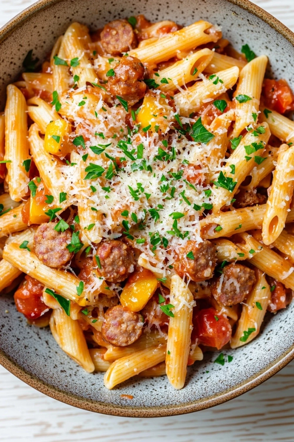 Sausage pasta skillet - the image is a close-up of a bowl of penne pasta dish. the pasta is cooked al dente and is topped with chunks of sausage, tomato sauce, and chunks of yellow bell peppers. the dish is garnished with chopped parsley and grated parmesan cheese. the bowl is made of ceramic and is sitting on a white wooden table.