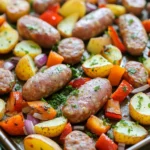 Sausage potatoes sheet pan dinner - the image shows a tray of cooked sausages and potatoes. the tray is lined with parchment paper and is placed on a wooden table. the sausage is cooked to a golden brown color and appears to be seasoned with herbs and spices. the potatoes are cut into small cubes and are scattered throughout the tray. there are also diced carrots, red onions, and yellow bell peppers mixed in with the sausage. the dish looks appetizing and ready to eat.