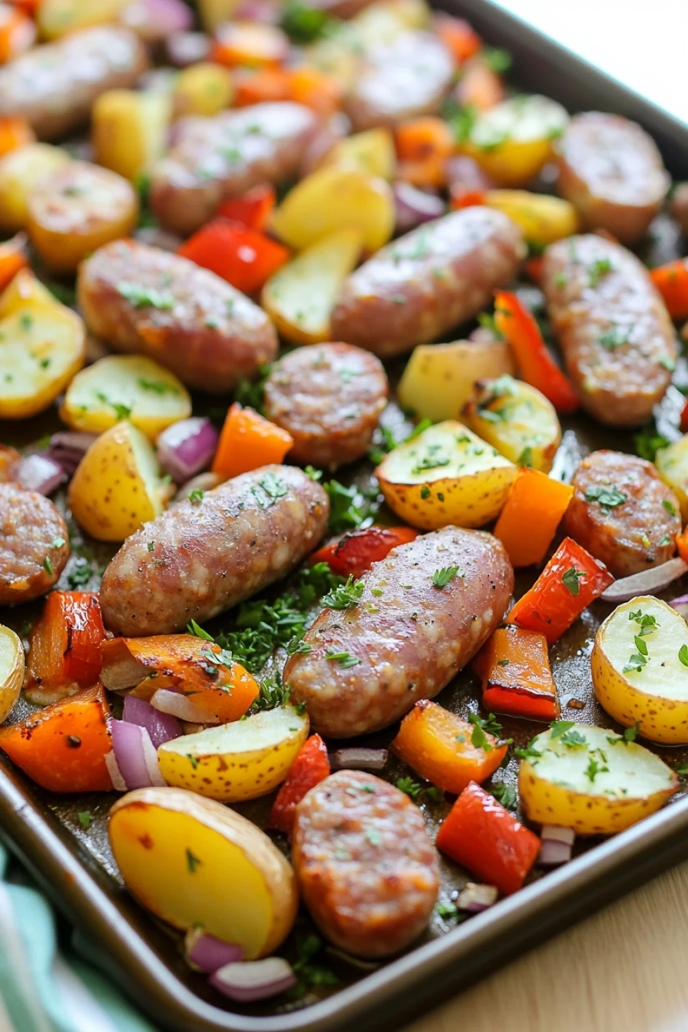 Sausage potatoes sheet pan dinner - the image shows a tray of cooked sausages and potatoes. the tray is lined with parchment paper and is placed on a wooden table. the sausage is cooked to a golden brown color and appears to be seasoned with herbs and spices. the potatoes are cut into small cubes and are scattered throughout the tray. there are also diced carrots, red onions, and yellow bell peppers mixed in with the sausage. the dish looks appetizing and ready to eat.