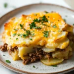 Scalloped potato casserole with ground beef - the image shows a plate of lasagna on a white marble countertop. the lasagna is layered with layers of potatoes, meat, and cheese. the top layer is covered in melted cheese and garnished with chopped parsley. the plate is round and has a light brown rim. the background is blurred, but it appears to be a kitchen countertop with a baking dish visible in the top right corner.