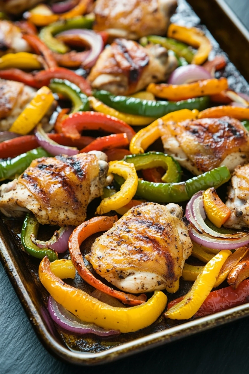 Sheet pan chicken fajitas with thighs - the image shows a baking tray filled with grilled chicken and colorful bell peppers. the chicken is golden brown and appears to be seasoned with herbs and spices. the bell peppers are of different colors - red, yellow, green, and orange - and are arranged in a circular pattern on the tray. the tray is lined with parchment paper and is sitting on a dark wooden table. the background is blurred, but it seems to be a kitchen countertop.