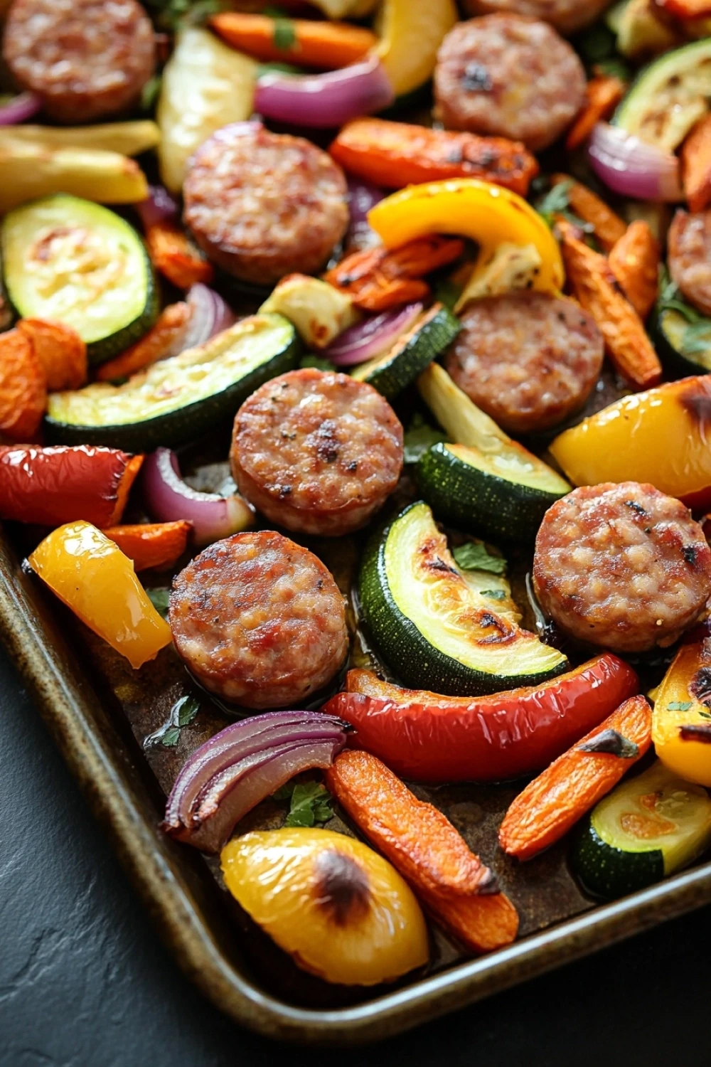 Sheet pan turkey sausage and vegetables - the image shows a tray of grilled meatballs and vegetables. the meatballs are golden brown and appear to be seasoned with herbs and spices. the vegetables include zucchini, red onions, yellow bell peppers, and orange carrots. the tray is lined with parchment paper and is placed on a black countertop. the colors of the vegetables are vibrant and the dish looks appetizing.