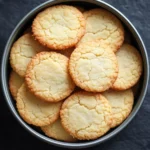 Shortbread cookie tin - the image shows a round metal bowl filled with freshly baked cookies. the cookies are golden brown in color and have a crumbly texture. they are arranged neatly in the bowl, with some overlapping each other. the bowl is placed on a dark grey surface, and the background is blurred, making the cookies the focal point of the image.