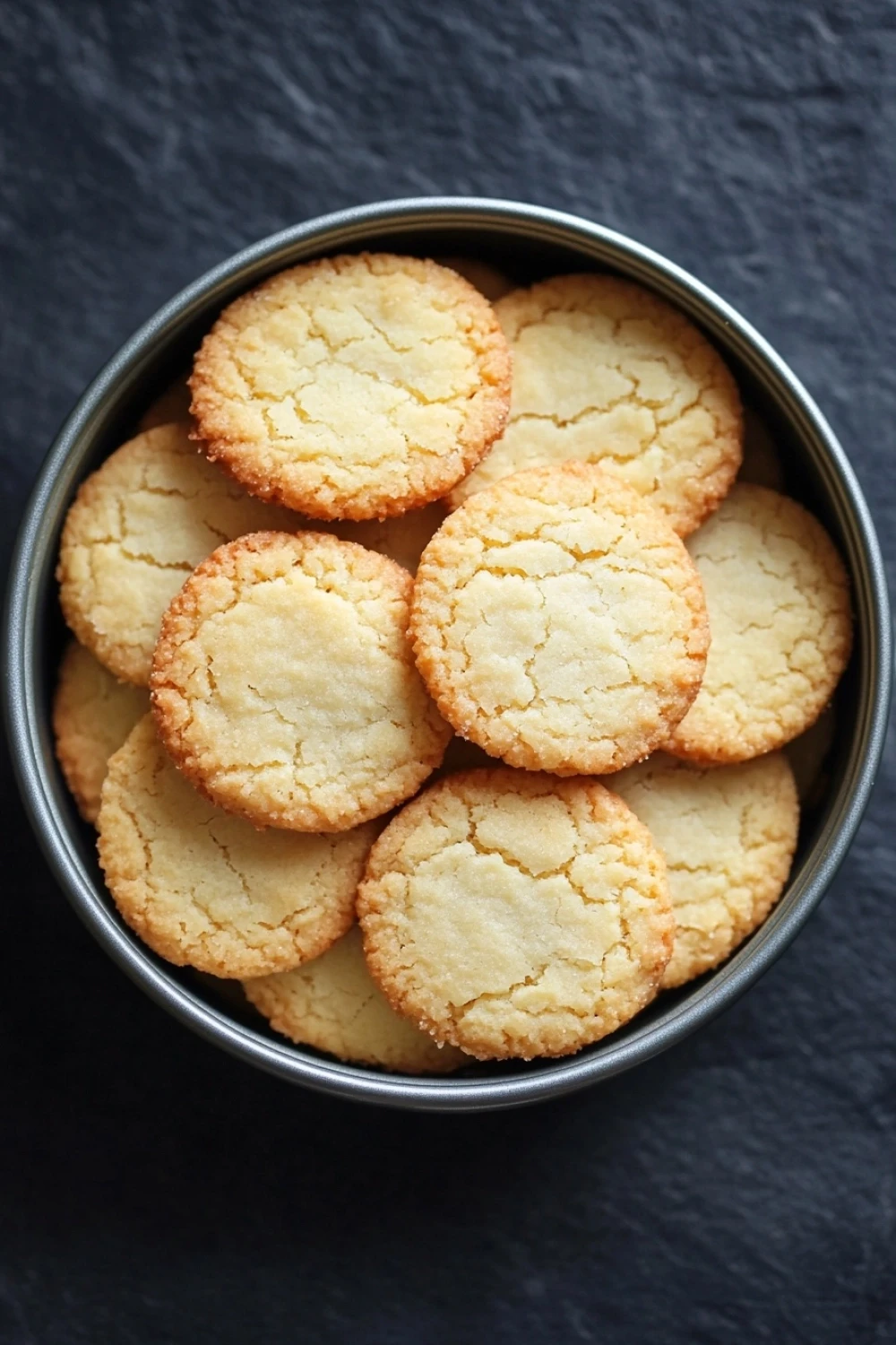 Shortbread cookie tin - the image shows a round metal bowl filled with freshly baked cookies. the cookies are golden brown in color and have a crumbly texture. they are arranged neatly in the bowl, with some overlapping each other. the bowl is placed on a dark grey surface, and the background is blurred, making the cookies the focal point of the image.