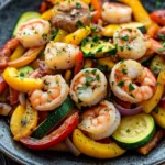 Shrimp sausage vegetable skillet - the image is a close-up of a plate of food. the plate is black and is placed on a wooden table. the food appears to be a stir-fry dish with shrimp, zucchini, red and yellow bell peppers, and other vegetables. the shrimp are cooked and have a golden-brown color, while the vegetables are bright and vibrant. there are also some herbs sprinkled on top, adding a pop of green color to the dish. the overall appearance of the dish is colorful and appetizing.