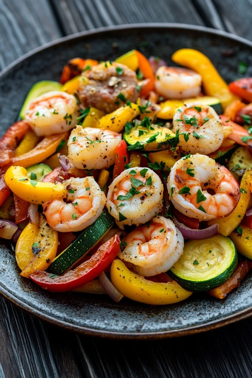 Shrimp sausage vegetable skillet - the image is a close-up of a plate of food. the plate is black and is placed on a wooden table. the food appears to be a stir-fry dish with shrimp, zucchini, red and yellow bell peppers, and other vegetables. the shrimp are cooked and have a golden-brown color, while the vegetables are bright and vibrant. there are also some herbs sprinkled on top, adding a pop of green color to the dish. the overall appearance of the dish is colorful and appetizing.