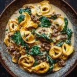 Skillet beef tortellini in creamy sauce - the image is a close-up of a dish in a brown ceramic bowl. the dish appears to be a tortellini pasta dish with a creamy sauce and chunks of ground beef and spinach mixed in. the sauce is a light beige color and is drizzled over the top of the pasta. the spinach is a bright green color and looks fresh and vibrant. the bowl is sitting on a dark wooden table.
